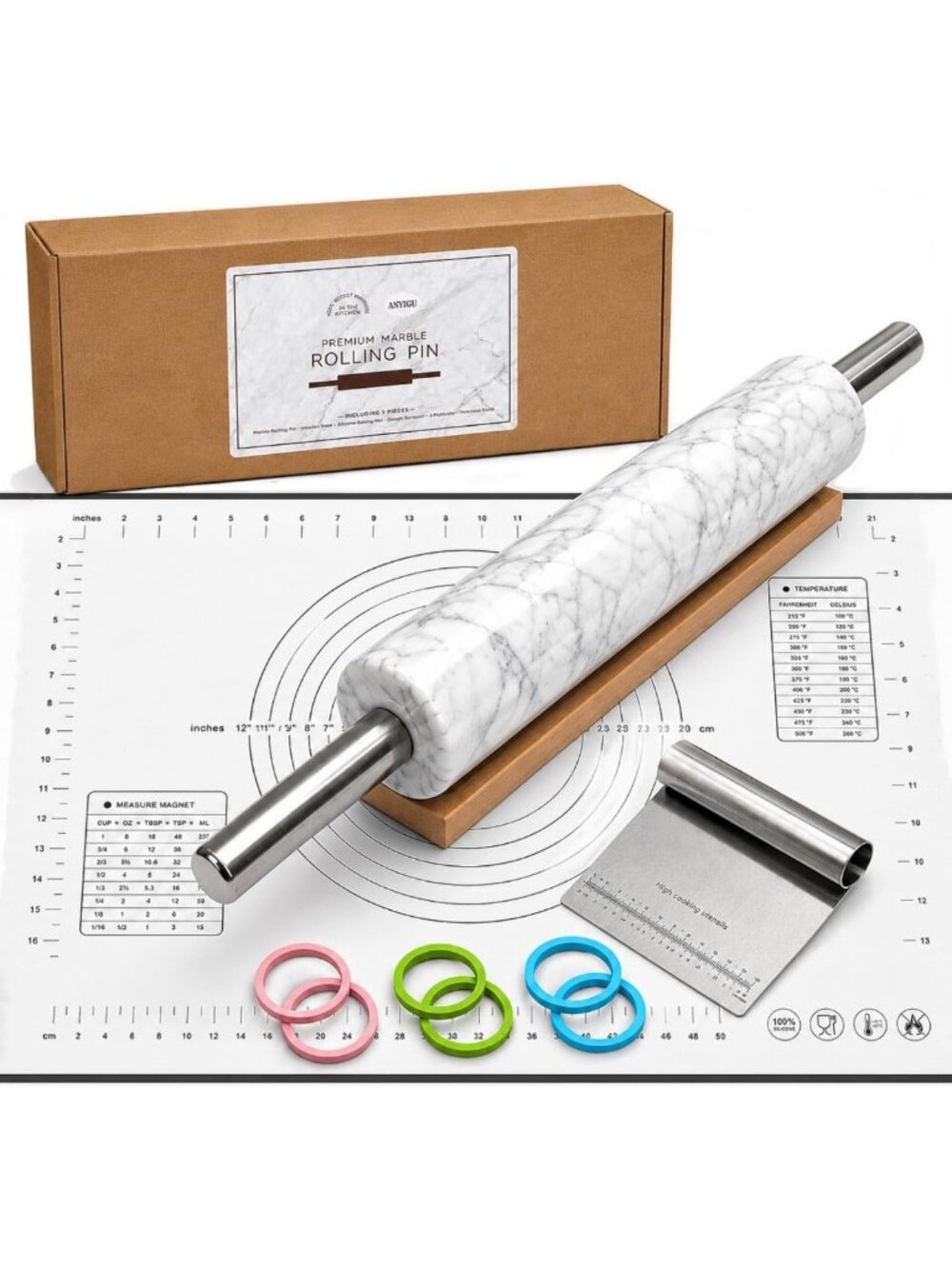 Marble Rolling Pin Set for Baking - Natural Stone, Stainless Steel Handles